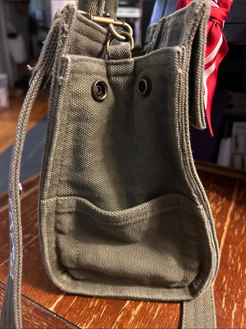 Gap Bag Small Olive Canvas Tote with Red Scarf-Wrapped Handles - Picture 7 of 10